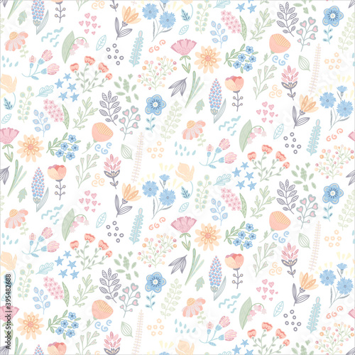 Seamless pattern of abstract hand draw flowers. Simply colorful flowers and floral elements isolated on white background. Delicate, Gentle, spring floral background.
