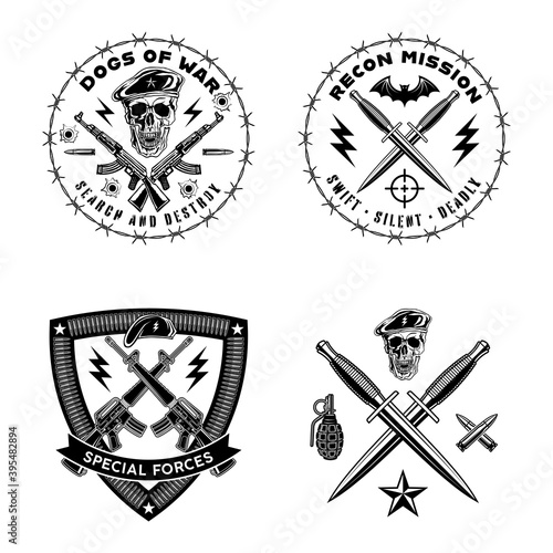 Army emblems. Set of stamps with skulls, guns and daggers. Monochrome vector illustration.