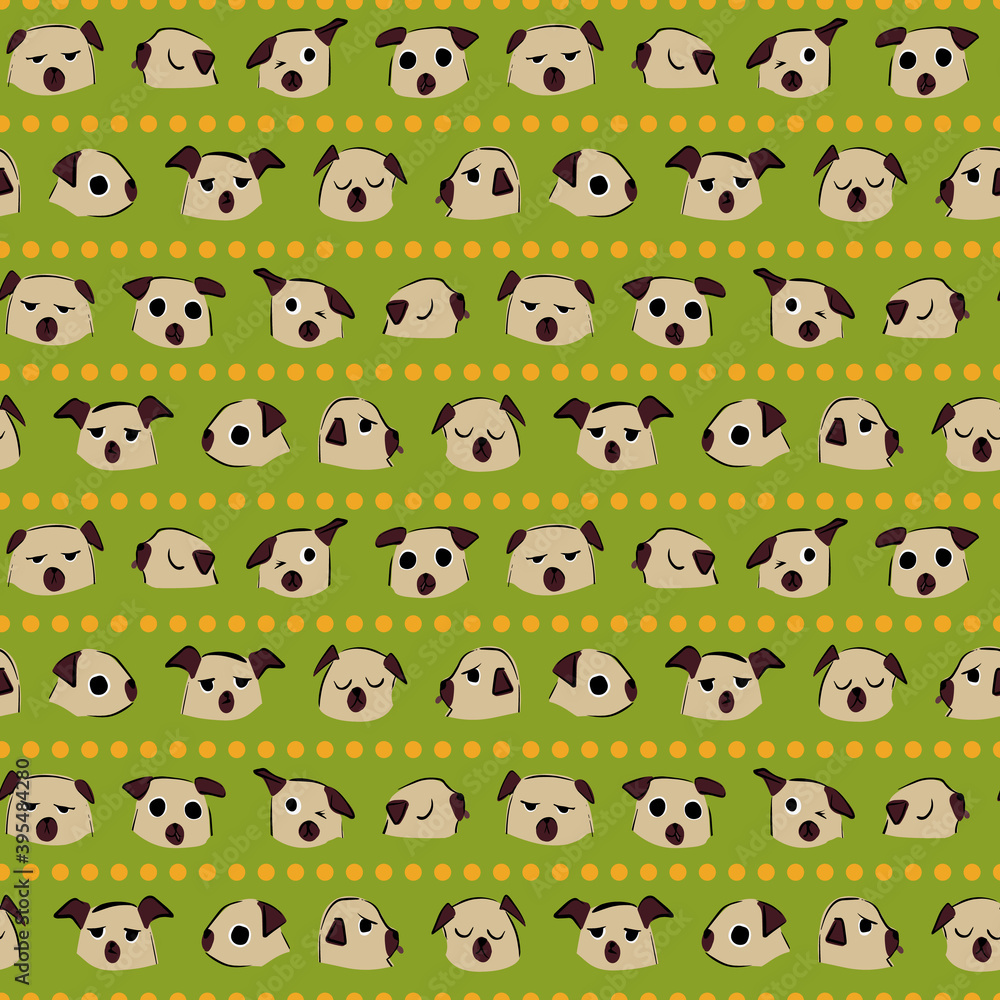 Pug Dog Facial Expressions seamless pattern. Pug Dog Facial Expressions seamless pattern.