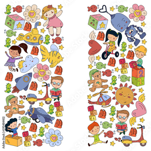 Poster with cute doodle drawing of happy kids and precepts to celebrate Children's Day. Kindergarten children.