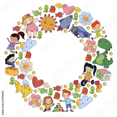 Poster with cute doodle drawing of happy kids and precepts to celebrate Children's Day. Kindergarten children.