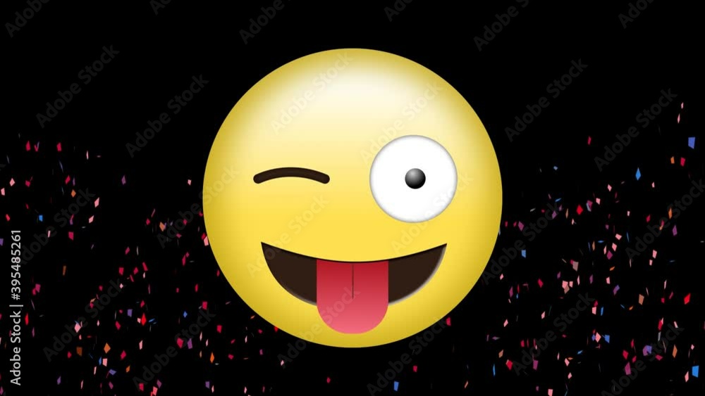 Animation of multi coloured confetti falling and emoticon against black background Animation of multi coloured confetti falling and emoticon against black background