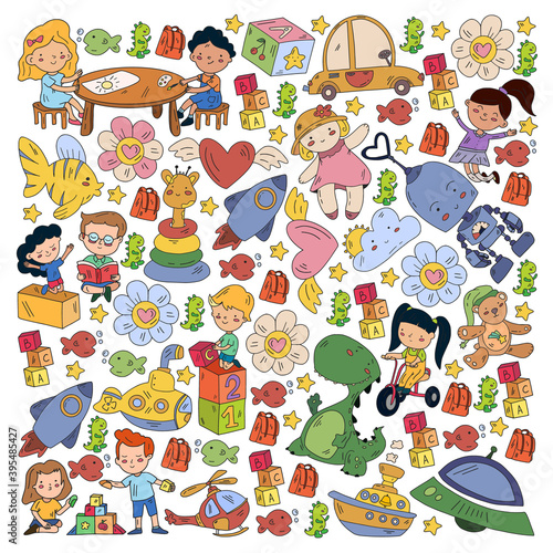 Poster with cute doodle drawing of happy kids and precepts to celebrate Children's Day. Kindergarten children.