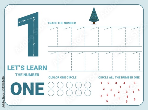 Number one tracing practice worksheet. Training write and count numbers. Coloring exercises