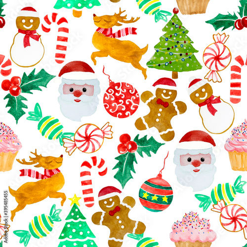 Seamless pattern of Christmas and new year, watercolor painting illustration