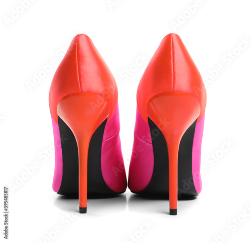 Pair of beautiful shoes on white background