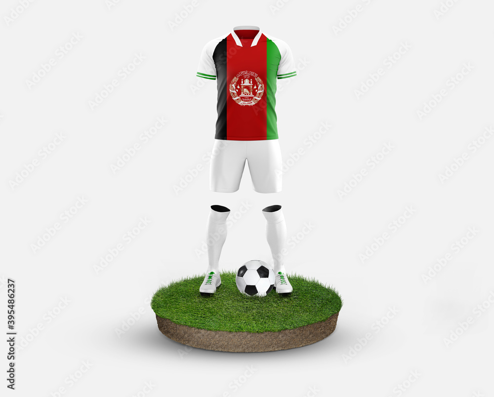 Afghanistan soccer player standing on football grass, wearing a national flag uniform. Football concept. championship and world cup theme.