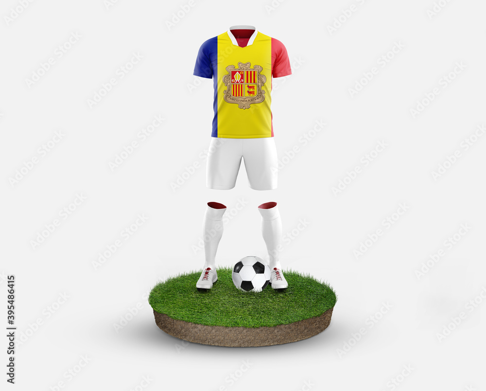Andorra soccer player standing on football grass, wearing a national flag uniform. Football concept. championship and world cup theme.