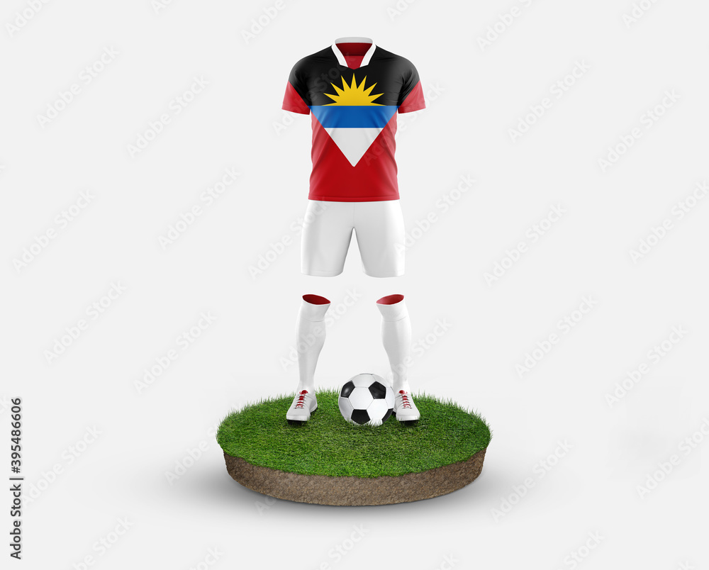 Antigua and Barbuda soccer player standing on football grass, wearing a national flag uniform. Football concept. championship and world cup theme.