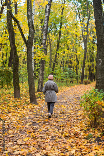Scandinavian walking in autumn forest