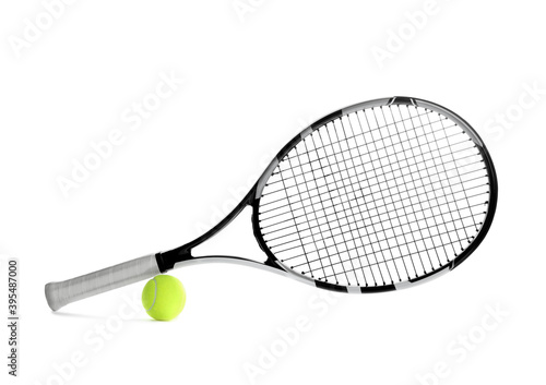 Tennis racket and ball on white background. Sports equipment © New Africa