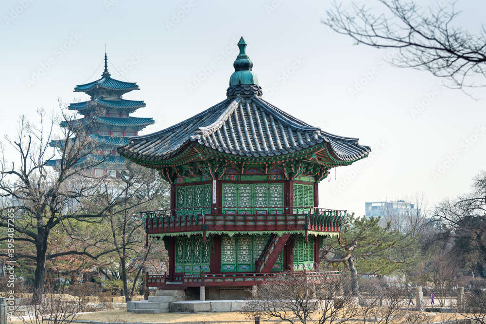 Traditional pavilion in the island of the lake in Gyeongbokgung, also known as Gyeongbokgung Palace or Gyeongbok Palace, the main royal palace of Joseon dynasty. Traditional pavilion in the island of the lake in Gyeongbokgung, also known as Gyeongbokgung Palace or Gyeongbok Palace, the main royal palace of Joseon dynasty.
