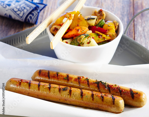 Vegan Thuringian sausages with a grilled vegetable salad photo