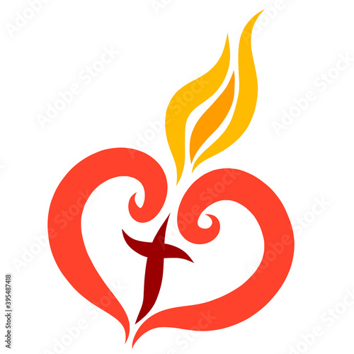 burning red heart with christian cross inside