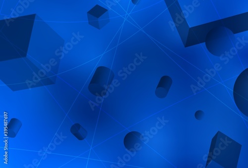Light BLUE vector pattern with 3D cubes, cylinders, spheres, rectangles.