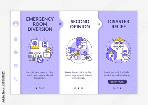 Telemedicine pros onboarding vector template. Emergency room diversion. Second opinion. Disaster relief. Responsive mobile website with icons. Webpage walkthrough step screens. RGB color concept