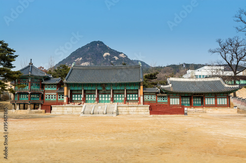 Korean wooden traditional house with black tiles in Gyeongbokgung,  also known as Gyeongbokgung Palace or Gyeongbok Palace, the main royal palace of Joseon dynasty.