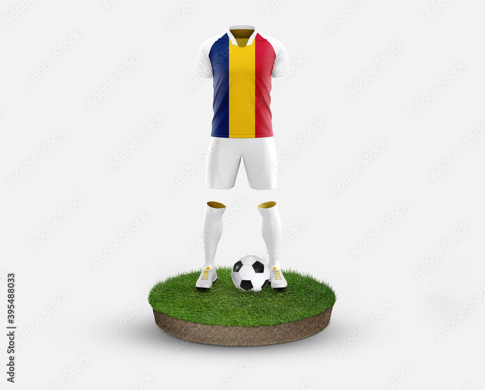 Chad soccer player standing on football grass, wearing a national flag uniform. Football concept. championship and world cup theme.