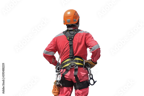 Safety man wearing equipment protective safety harness full body for Abseiling rope access isolated on white background.