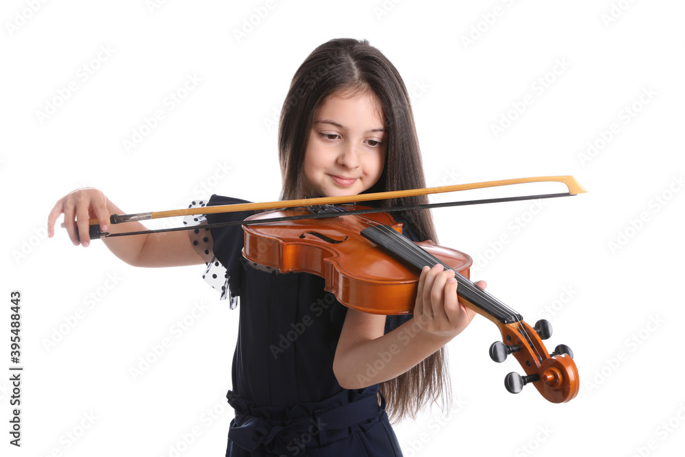 Preteen girl playing violin on white background Preteen girl playing violin on white background