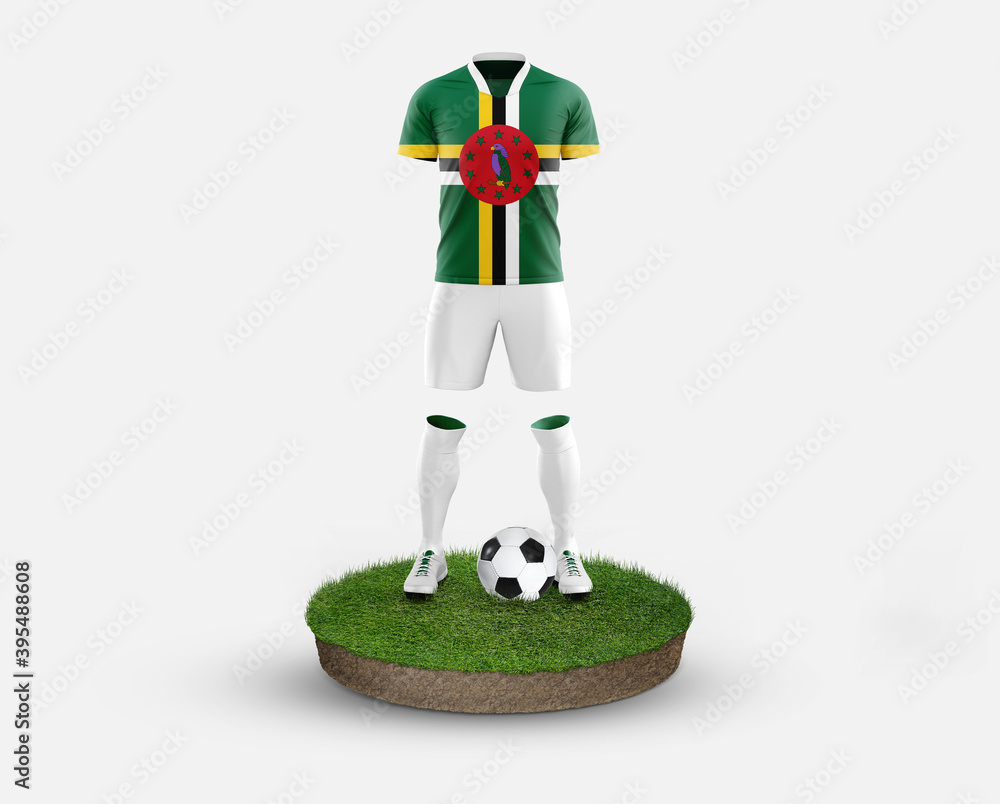 Dominica soccer player standing on football grass, wearing a national flag uniform. Football concept. championship and world cup theme.