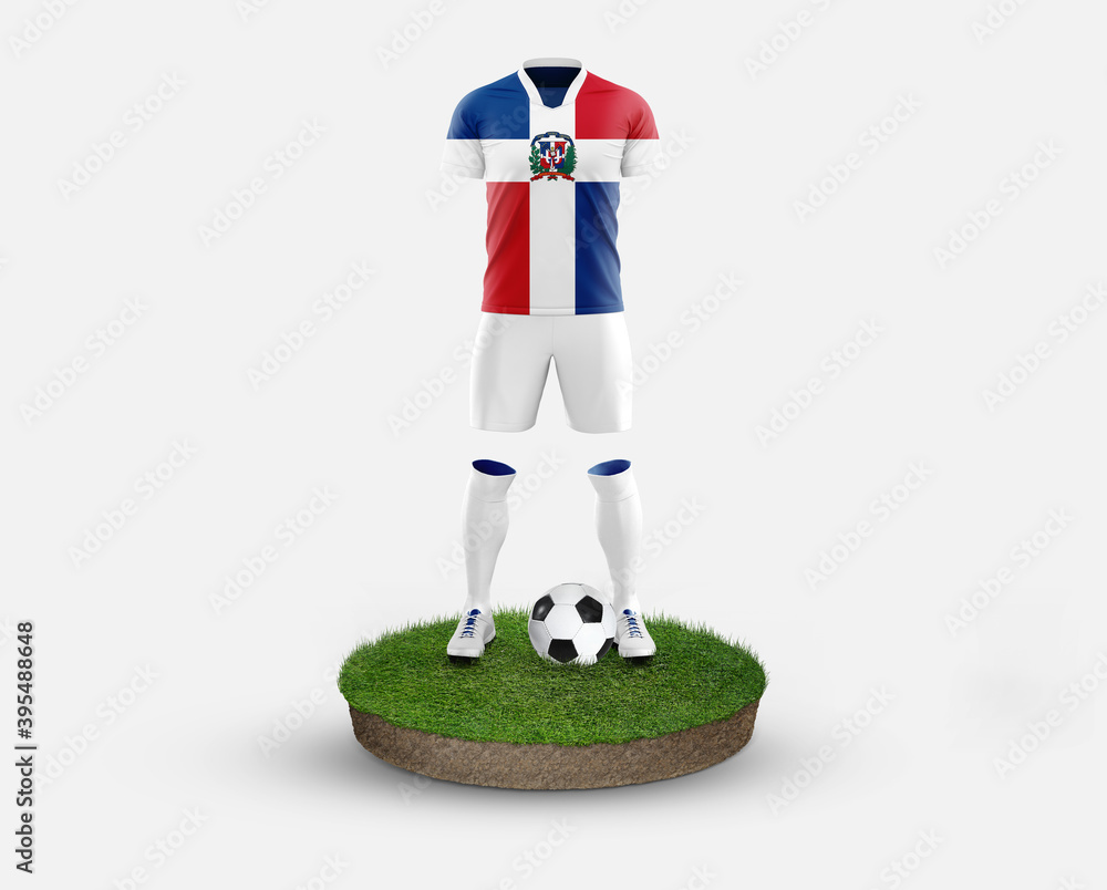 Dominican Republic soccer player standing on football grass, wearing a national flag uniform. Football concept. championship and world cup theme.