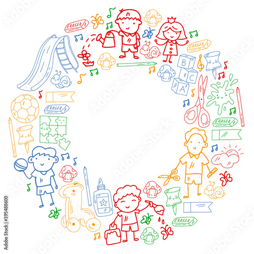 Kindergarten and toys. Little children game. Kids playground. Education, creativity, imagination.