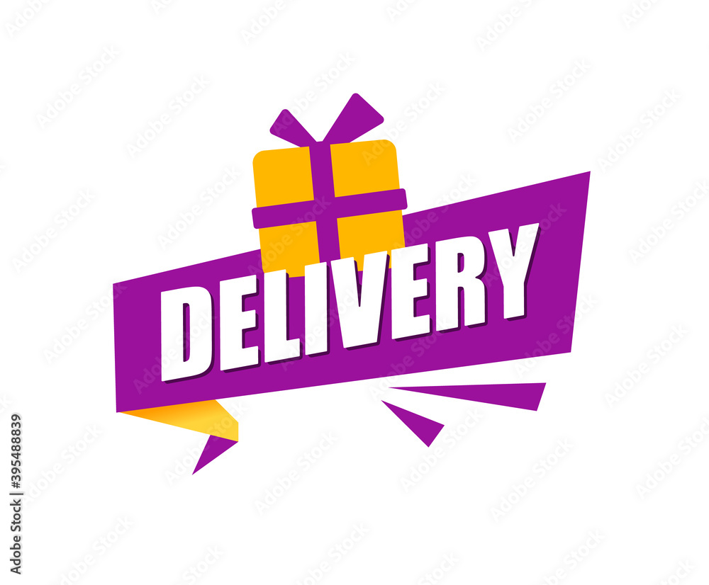 Purple ribbon with text delivery and box. Sticker with says delivery. Colorful banners. Vector promo bubble in modern flat style isolated on white.