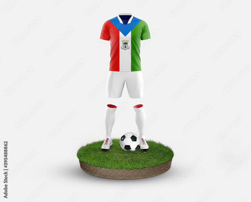 Equatorial Guinea soccer player standing on football grass, wearing a national flag uniform. Football concept. championship and world cup theme. Equatorial Guinea soccer player standing on football grass, wearing a national flag uniform. Football concept. championship and world cup theme.