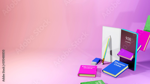 3D Rendering of mobile and colorful books, pencil on pink background. The future of Internet learning. Online teacher. Online education concept.