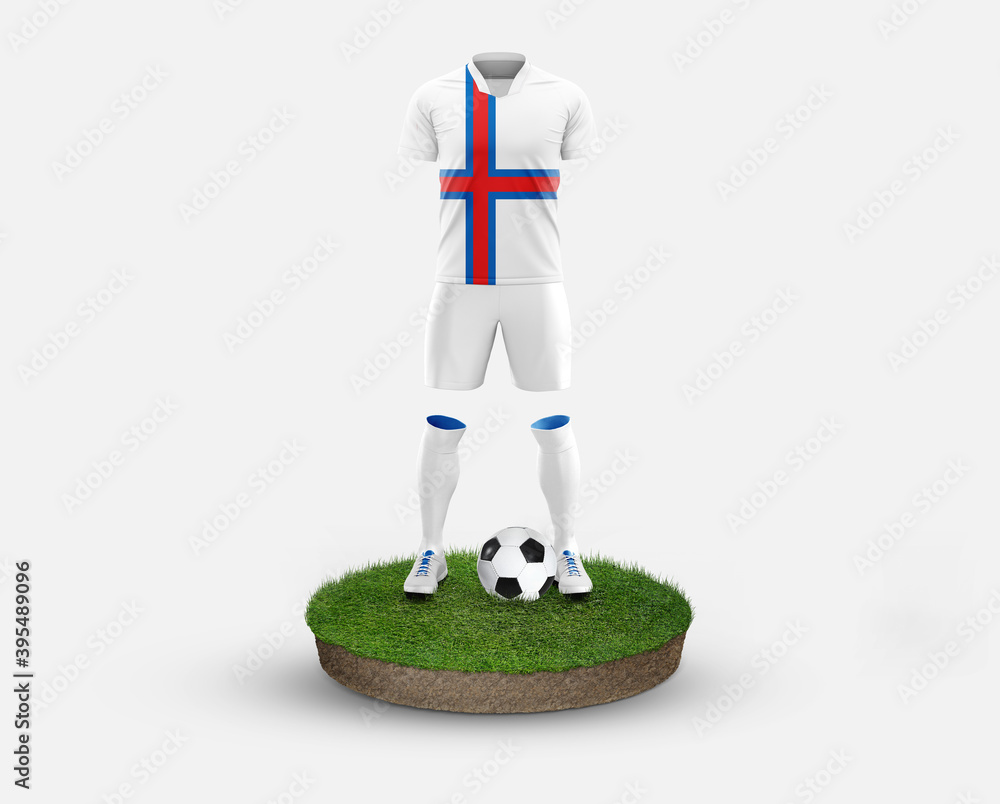 Faroe Islands soccer player standing on football grass, wearing a national flag uniform. Football concept. championship and world cup theme. Faroe Islands soccer player standing on football grass, wearing a national flag uniform. Football concept. championship and world cup theme.