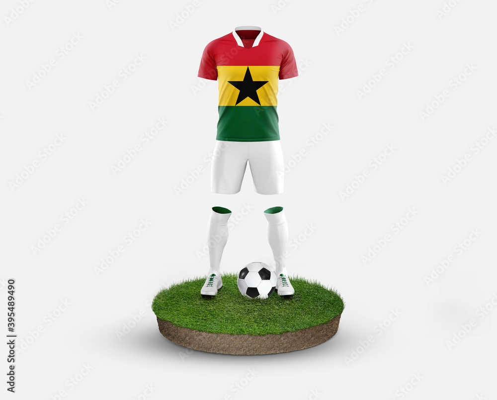 Ghana soccer player standing on football grass, wearing a national flag uniform. Football concept. championship and world cup theme.