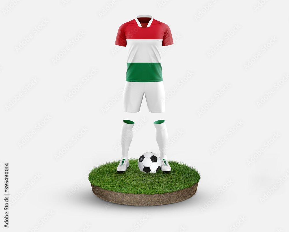 Hungary soccer player standing on football grass, wearing a national flag uniform. Football concept. championship and world cup theme.