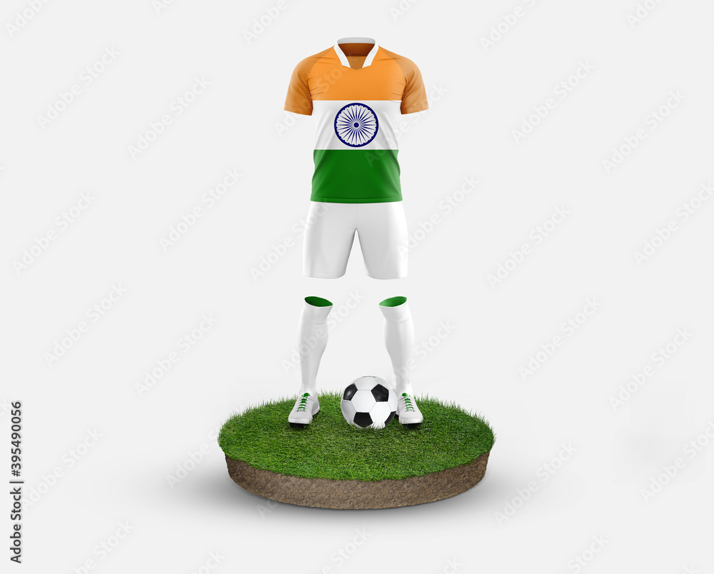 India soccer player standing on football grass, wearing a national flag uniform. Football concept. championship and world cup theme.