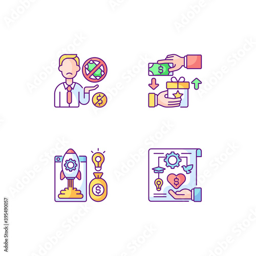 Crowdfunding issues RGB color icons set. Reward based crowdfunding. Donor exhaustion issues. For or non profit project. Isolated vector illustrations