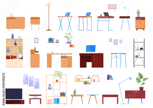 Set of furniture for an interior. Bedside tables, shelves. Cozy home furnishings. isolated vector illustration