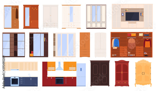 Set of cabinets. Kitchen furniture, bedroom cabinets, hallways. Isolated vector illustration