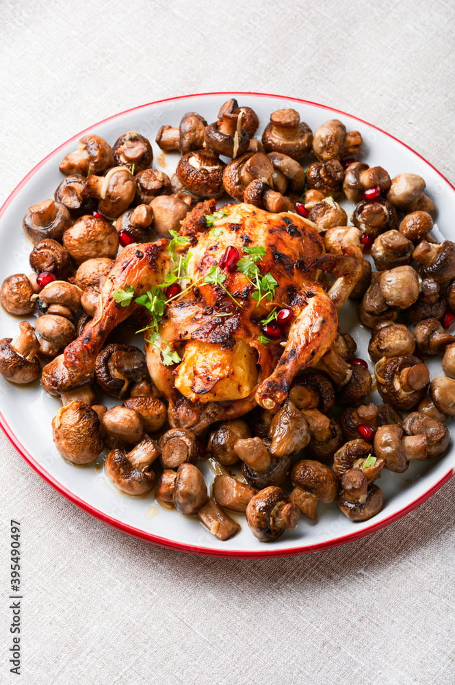 Fried chick with mushrooms