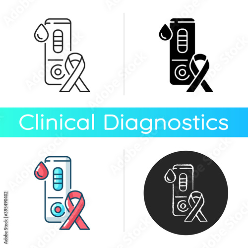 HIV test icon. Laboratory blood examination. Rapid test for AIDS. Medical check for disease. Health awareness campaign. Linear black and RGB color styles. Isolated vector illustrations