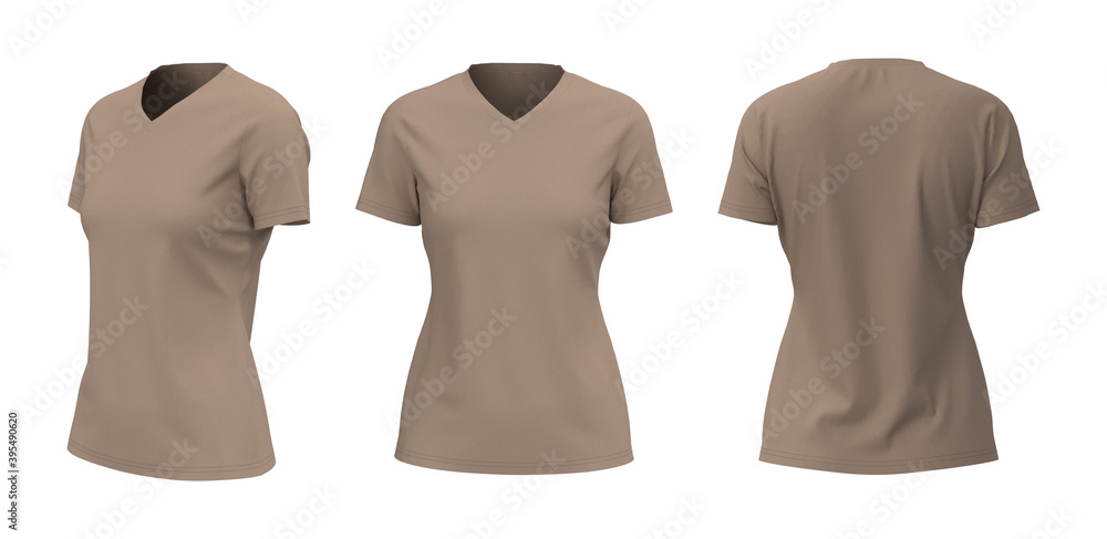Women's v-neck t-shirt mockup, front, side and back views, design presentation for print, 3d illustration, 3d rendering Women's v-neck t-shirt mockup, front, side and back views, design presentation for print, 3d illustration, 3d rendering