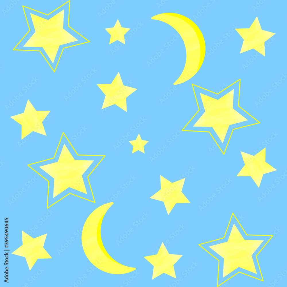 Seamless pattern with stars and month. Pattern children's night theme of the starry sky. Moon and stars on a blue background. Seamless pattern with stars and month. Pattern children's night theme of the starry sky. Moon and stars on a blue background.