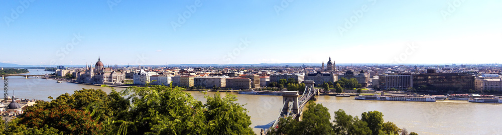 Panoramic view from the famous Fisherman's Bastion on the city of Budapest, Hungary. Buda side with Parliament building and River Danube. Hungarian landmarks