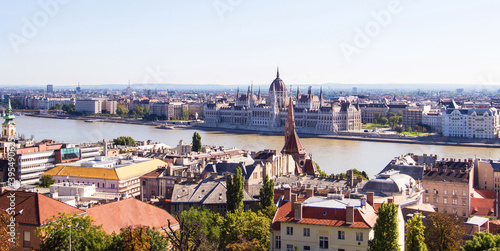 Panoramic view from the famous Fisherman's Bastion on the city of Budapest, Hungary. Buda side with Parliament building and River Danube. Hungarian landmarks