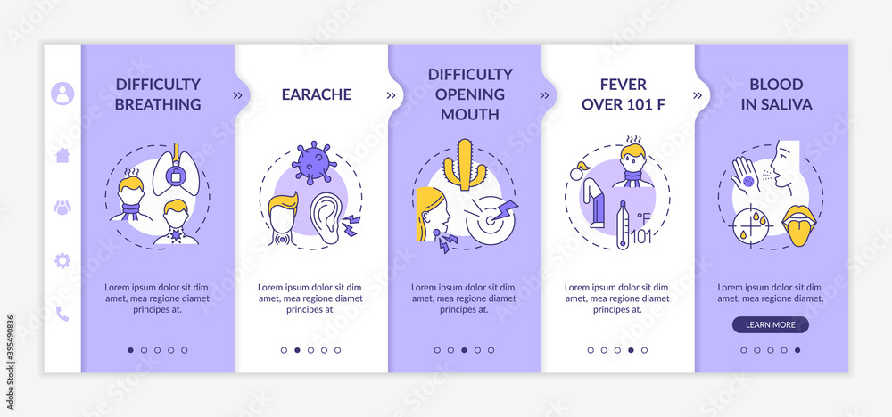 Throat inflammation complications onboarding vector template. Difficulty breathing. Earache. Fever over 101 F. Responsive mobile website with icons. Webpage walkthrough step screens. RGB color concept