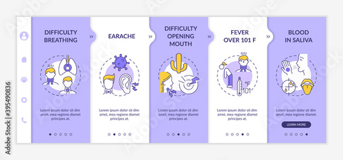 Throat inflammation complications onboarding vector template. Difficulty breathing. Earache. Fever over 101 F. Responsive mobile website with icons. Webpage walkthrough step screens. RGB color concept