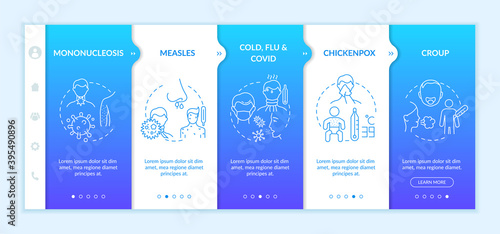Viral throat inflammation causes onboarding vector template. Measles, chickenpox, croup. Infectious diseases. Responsive mobile website with icons. Webpage walkthrough step screens. RGB color concept