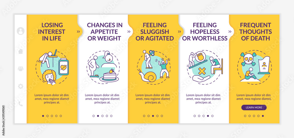 Naklejka premium Seasonal affective disorder symptoms onboarding vector template. Losing interest in life. Feeling sluggish. Responsive mobile website with icons. Webpage walkthrough step screens. RGB color concept