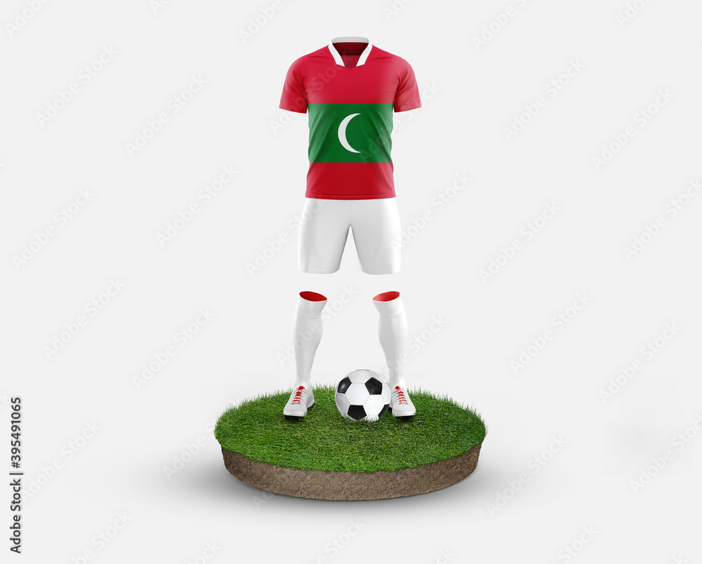 Maldives soccer player standing on football grass, wearing a national flag uniform. Football concept. championship and world cup theme.