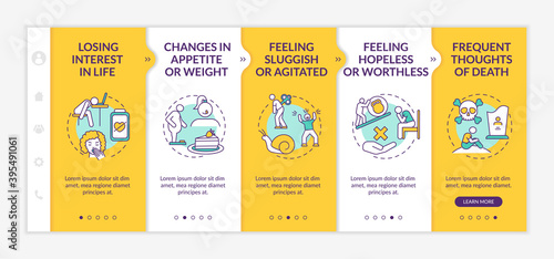 Seasonal affective disorder symptoms onboarding vector template. Losing interest in life. Feeling sluggish. Responsive mobile website with icons. Webpage walkthrough step screens. RGB color concept