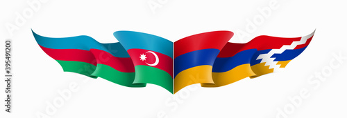 Nagorno-Karabakh and Azerbaijan flags state symbols isolated on background national banner. war for independence of Artsakh Nagorno-Karabakh, Azerbaijan. Illustration banner with realistic state flag.